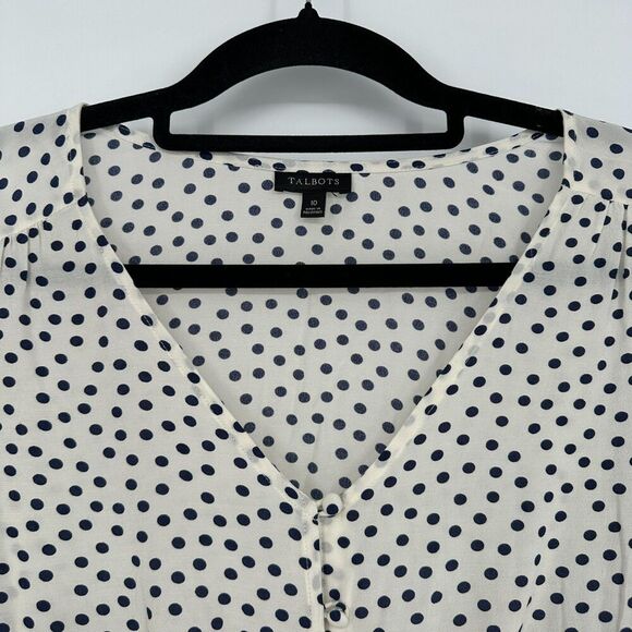 Talbots Womens Button Up Blouse Top Size 10 Navy White Polka Dots Classic Career - Picture 5 of 8